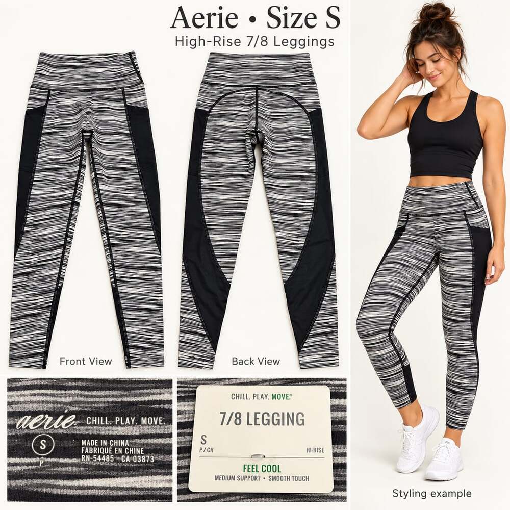 NWT Aerie Feel Cool High Rise 7/8 Leggings Small Striped Black Gray Pockets